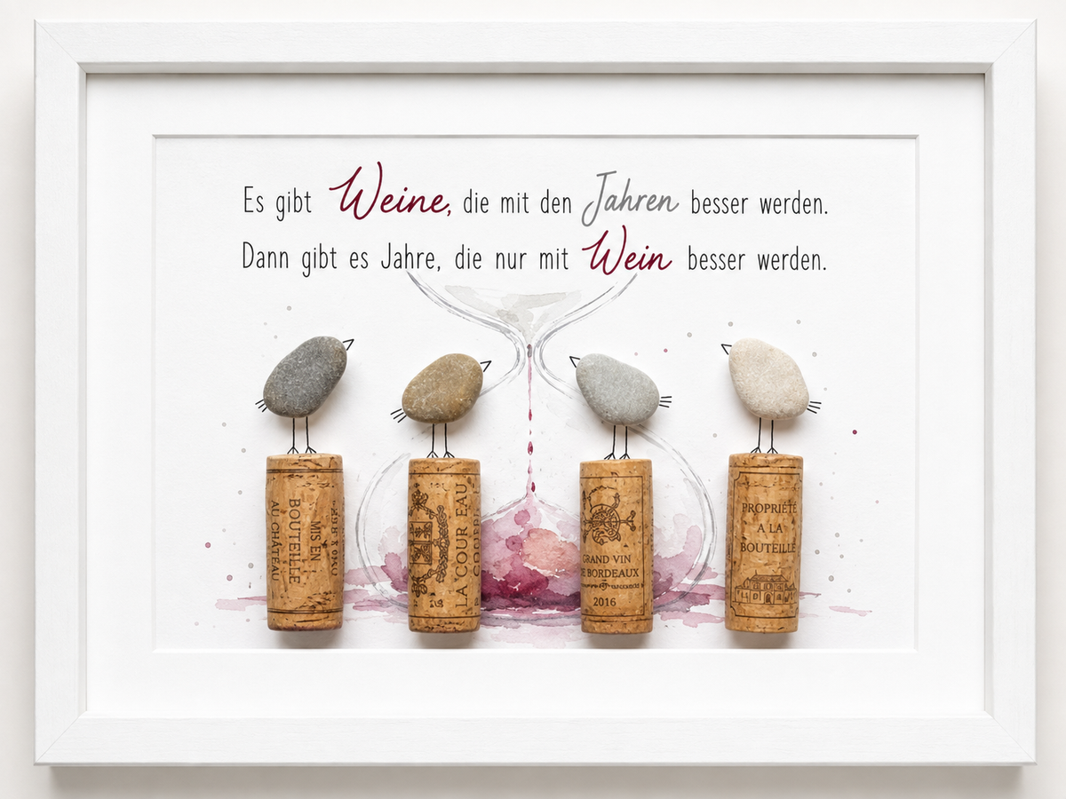 Kieselsteinbild Es gibt Weine die mit den Jahren besser werden – Geburtstagsgeschenk für Weinliebhaber, handgemachtes Steinbild