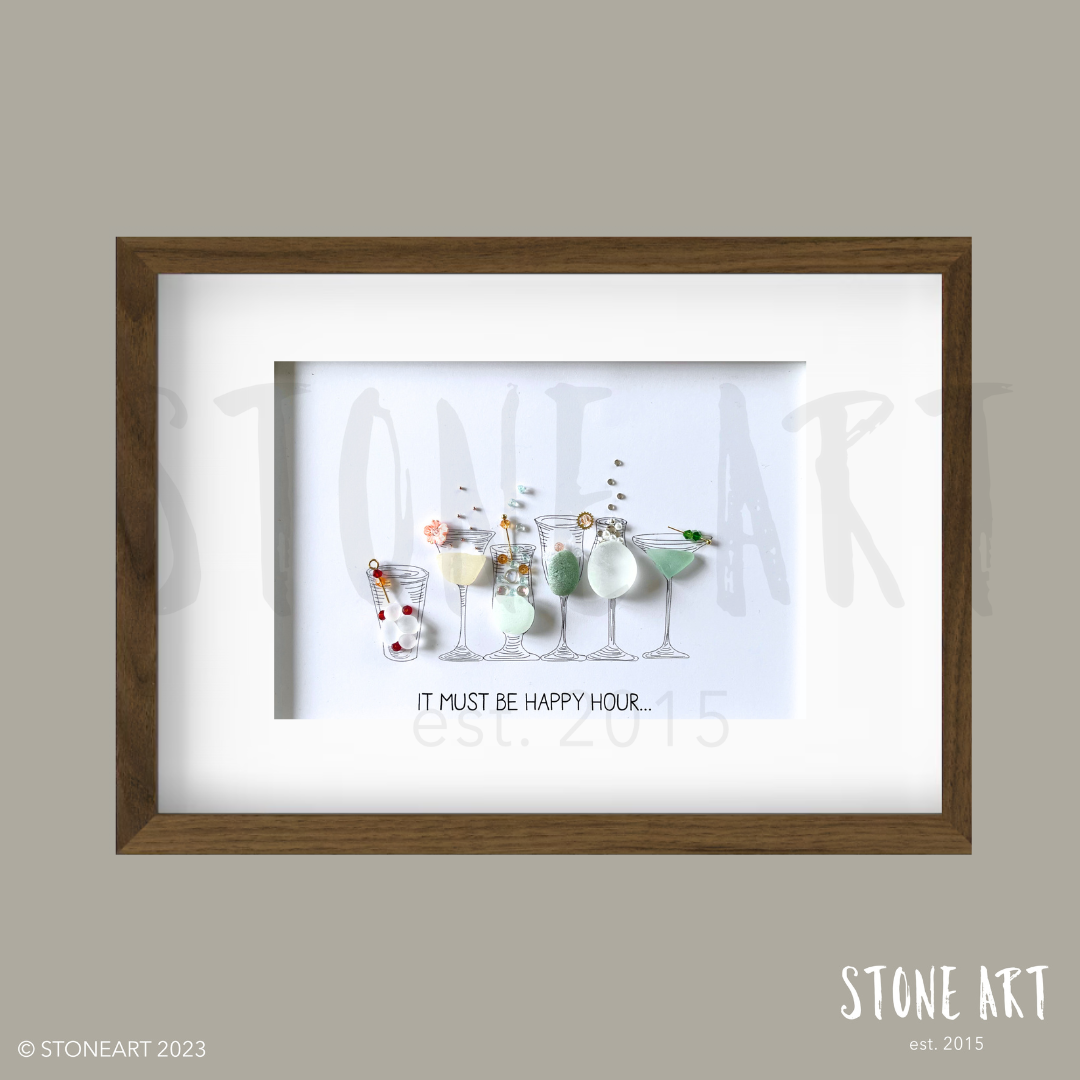 WEIN31-Steinbild Meerglasbild It must be happy hour -Geschenk für Cocktailliebhaber dunkelbraun