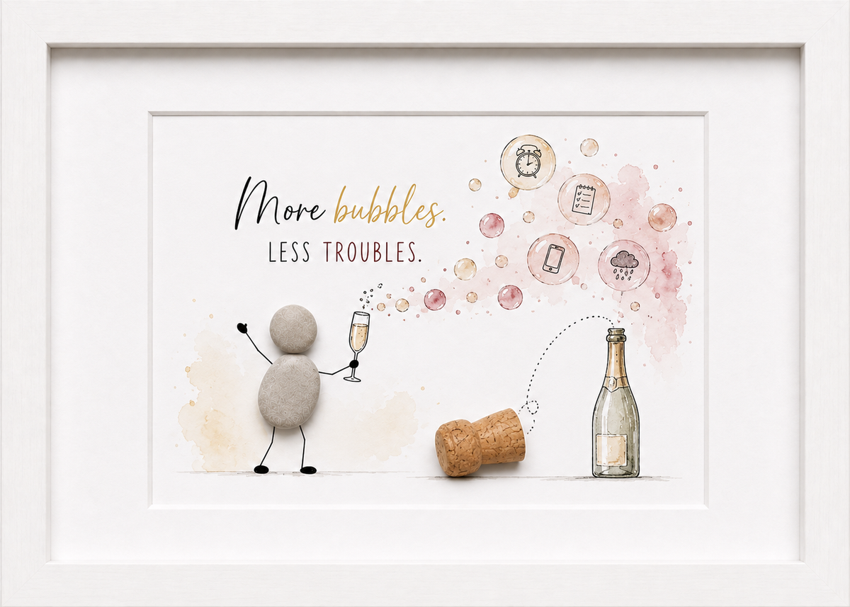 Kieselsteinbild More bubbles less troubles – Geschenk für Prosecco- und Sektliebhaber, handgemachtes Steinbild