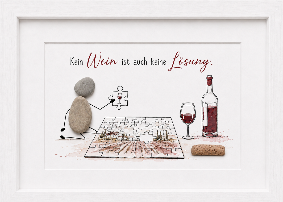 Kieselsteinbild Kein Wein ist auch keine Lösung – Geschenk für Weinliebhaber, handgemachtes Steinbild