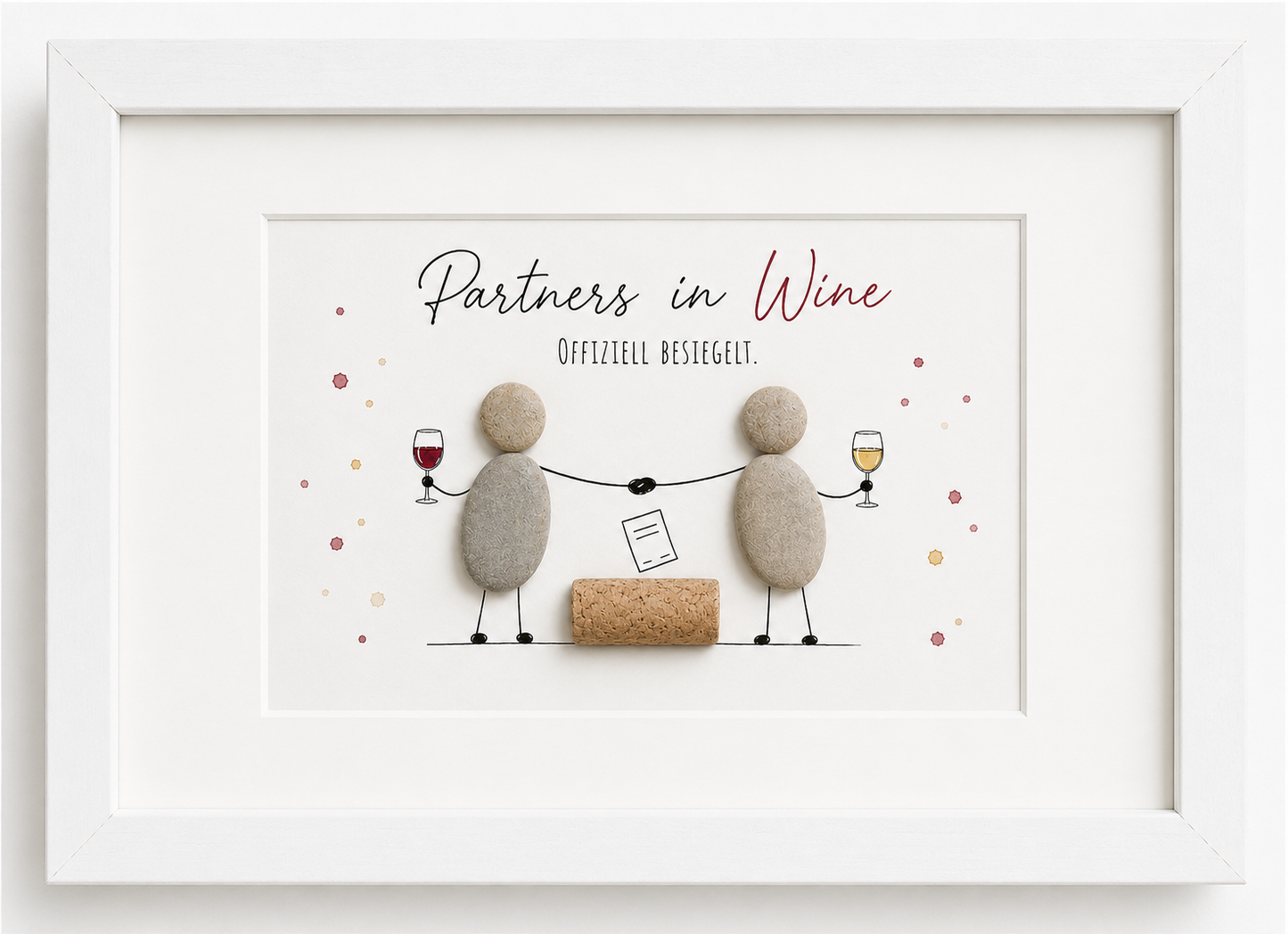Kieselsteinbild Partners in Wine offiziell besiegelt – Geschenk für Weinliebhaber-Duos, handgemachtes Steinbild