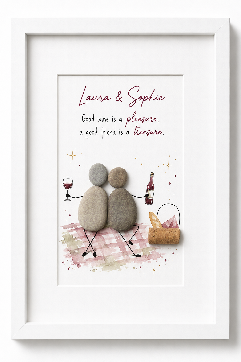 Kieselsteinbild Good wine is a pleasure a good friend is a treasure – Geschenk für Weinliebhaber, handgemachtes Steinbild