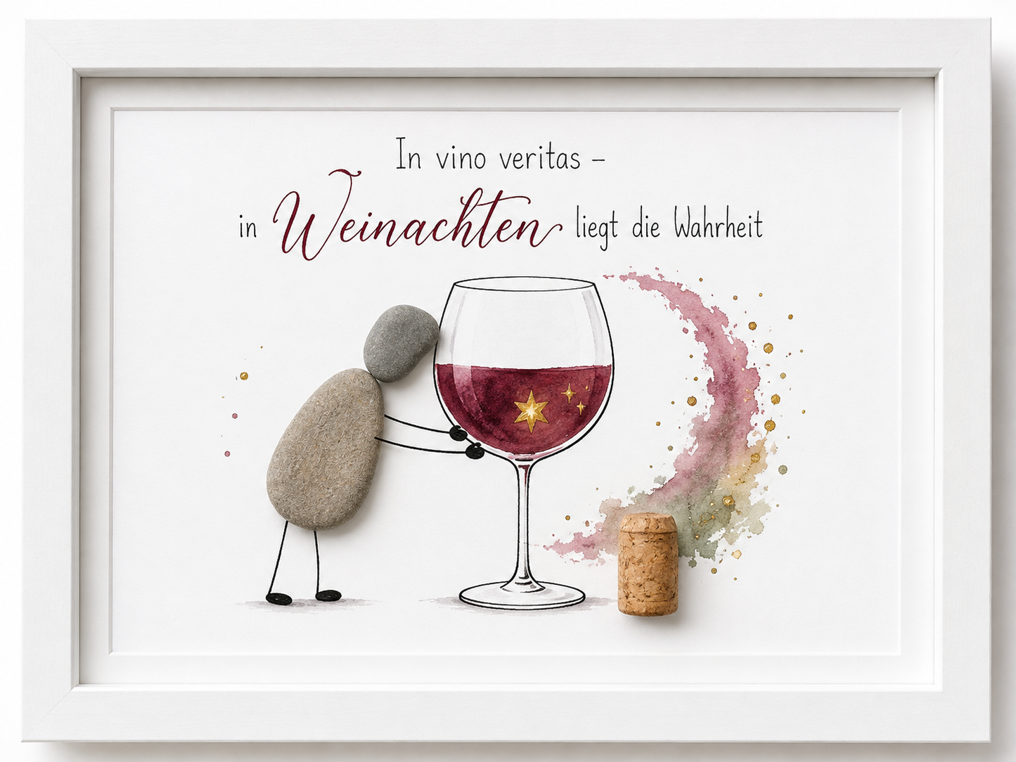 Kieselsteinbild In vino veritas in Weinachten liegt die Wahrheit – Weihnachtsgeschenk für Weinliebhaber, handgemachtes Steinbild