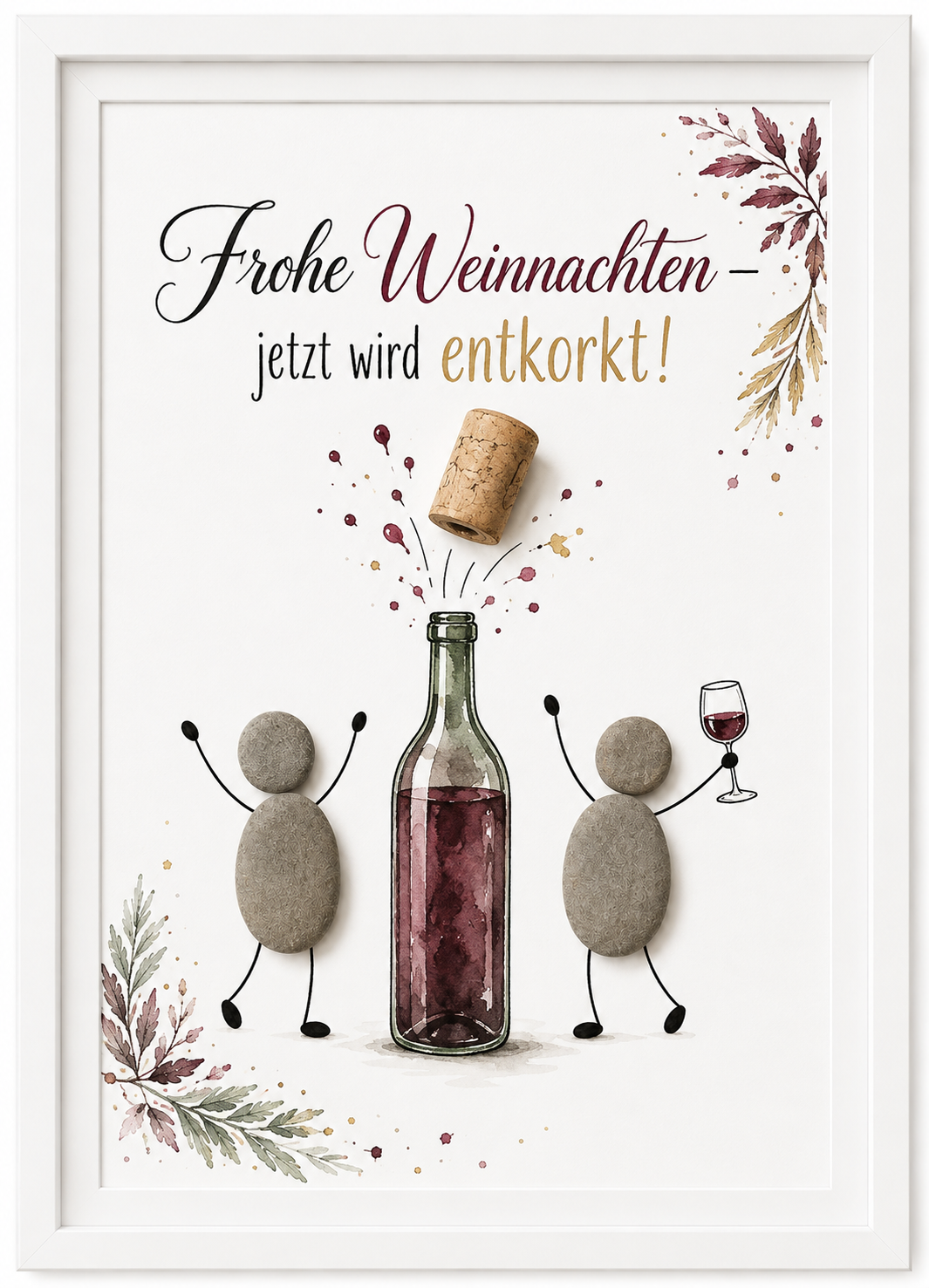 Kieselsteinbild Frohe Weihnachten jetzt wird entkorkt – Weihnachtsgeschenk für Weinliebhaber, handgemachtes Steinbild