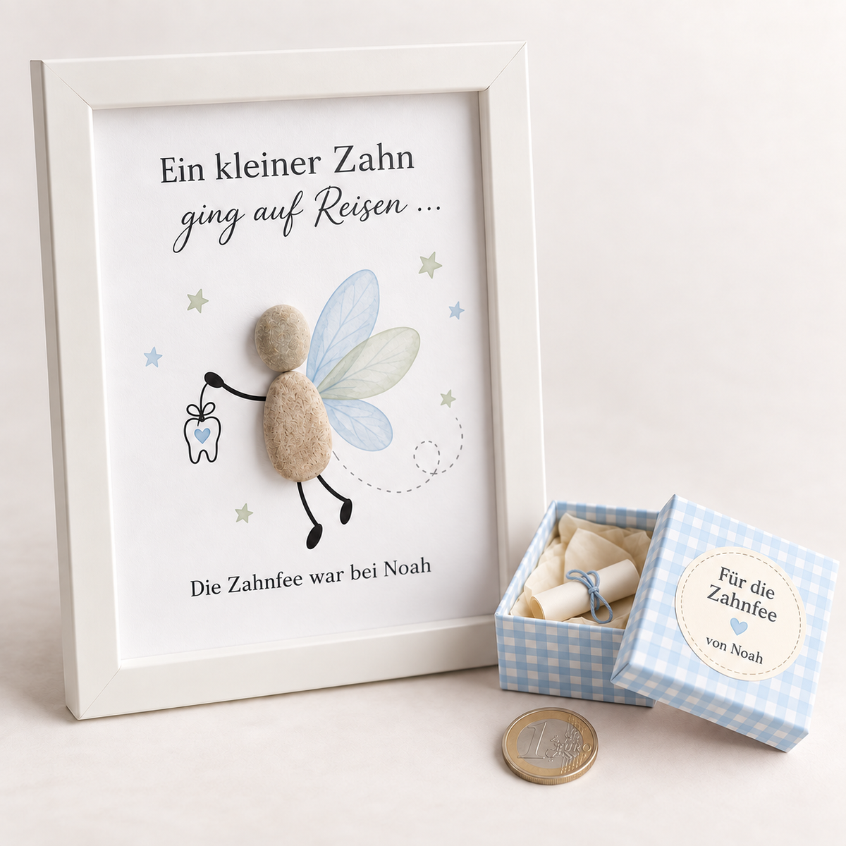 Kieselsteinbild Ein kleiner Zahn ging auf Reisen, blaue Box für die Zahnfee – personalisiertes Geschenk, handgemachtes Steinbild