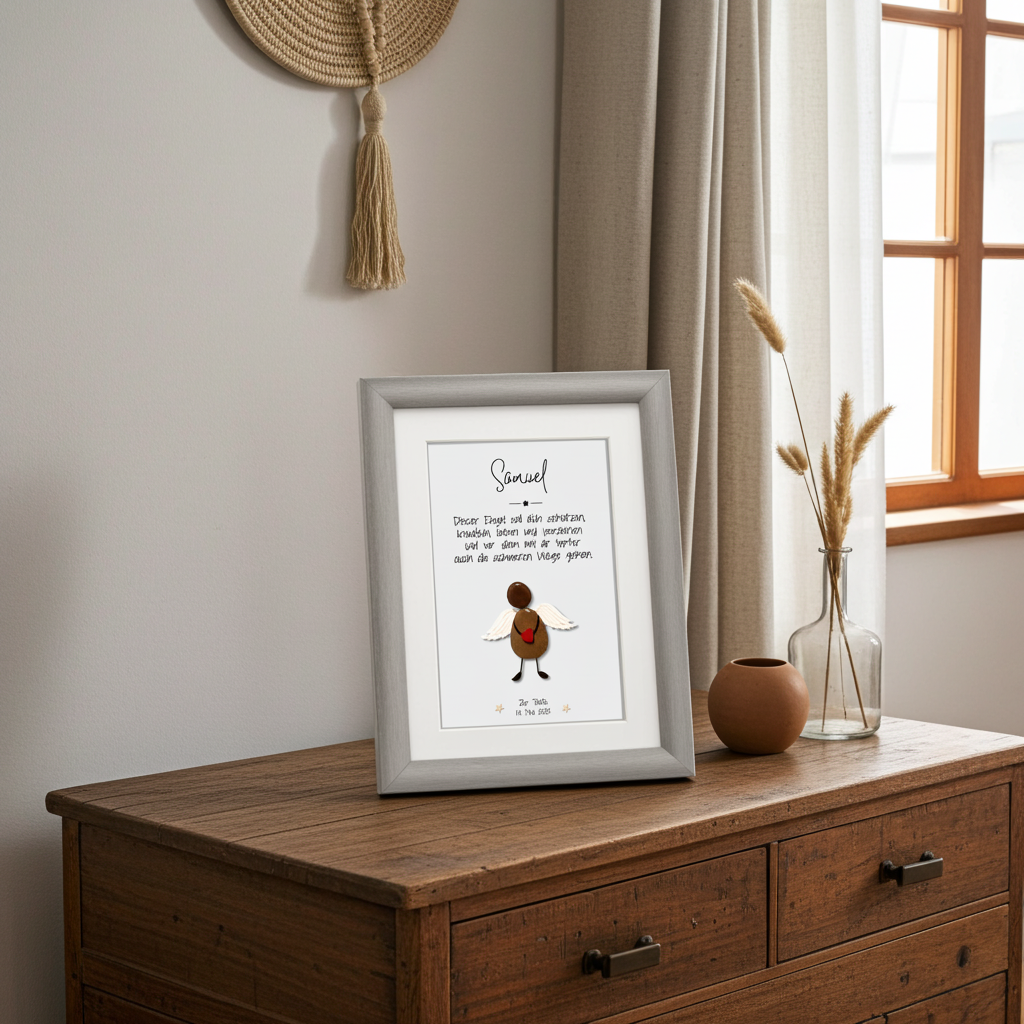 Handgemachtes Steinbild Schutzengel – Personalisiertes Geschenk zur Taufe & Geburt aus echten Kieselsteinen