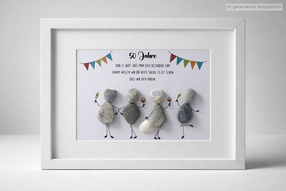 Kieselsteinbild 50 Jahre sind es wert – weiß 21x30cm, handgemachtes Steinbild