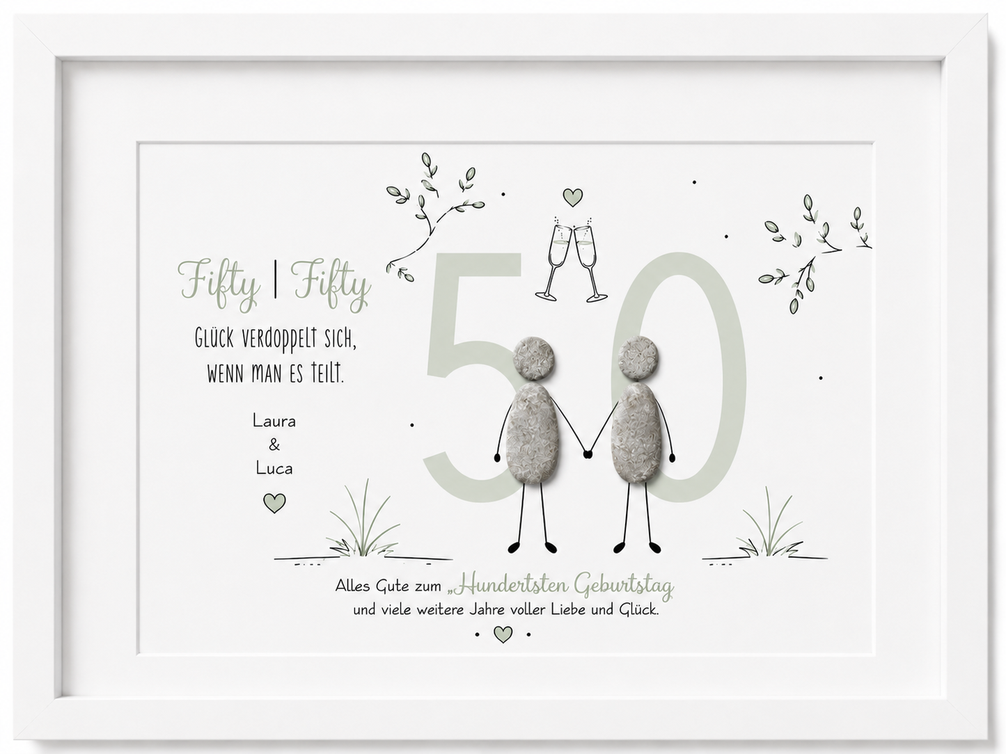 Kieselsteinbild Fifty Fifty, Glück verdoppelt sich wenn man es teilt – personalisierbares Geburtstagsgeschenk, handgemacht