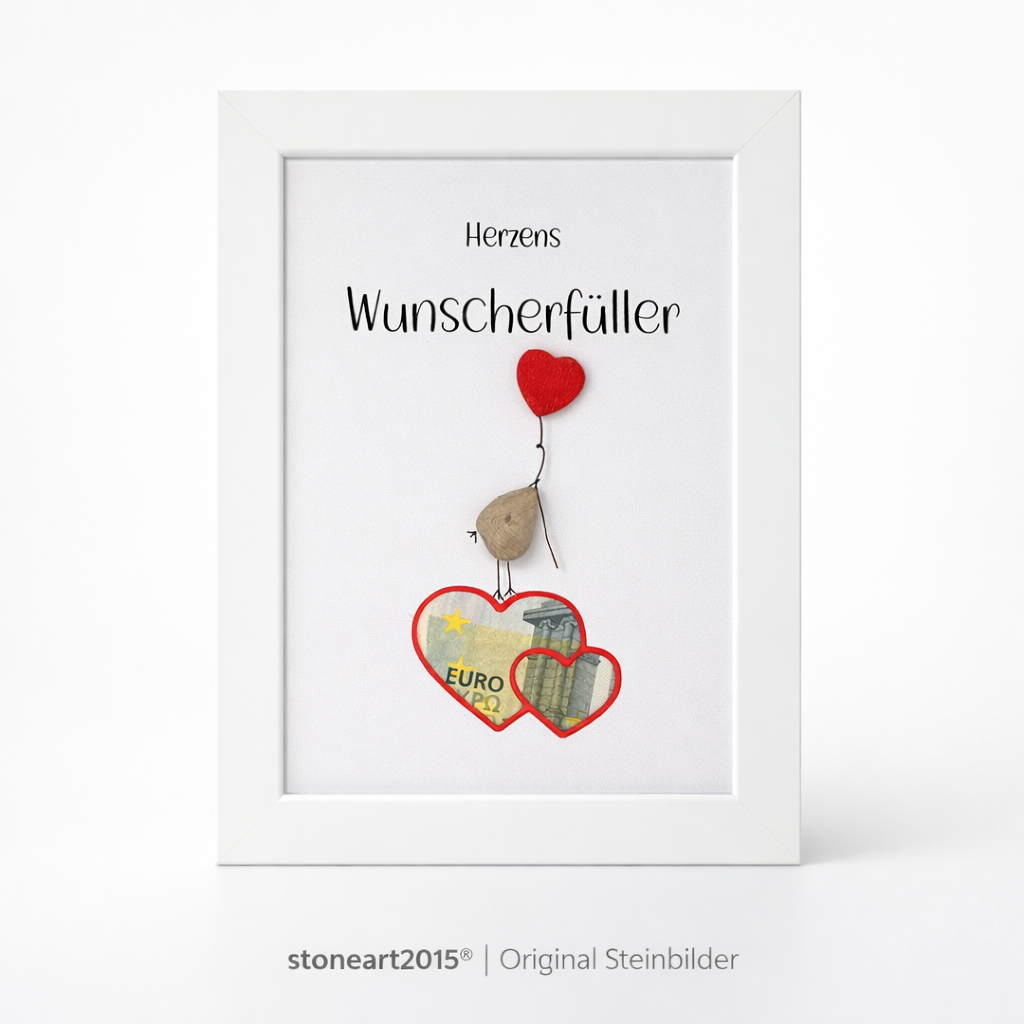 Kieselsteinbild Herzens-Wunscherfüller – Geldgeschenk, handgemachtes Steinbild
