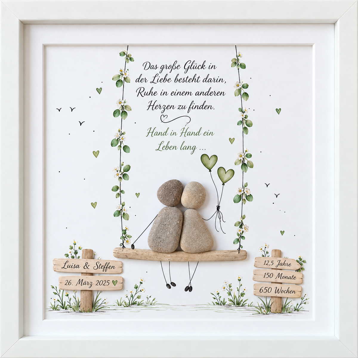 Kieselsteinbild Petersilienhochzeit Paar auf der Blumenschaukel mit Herzluftballons „Das große Glück in der Liebe besteht darin, Ruhe in einem anderen Herzen zu finden“ – personalisierbares Geschenk zum 12,5. Hochzeitstag, handgemachtes Steinbild