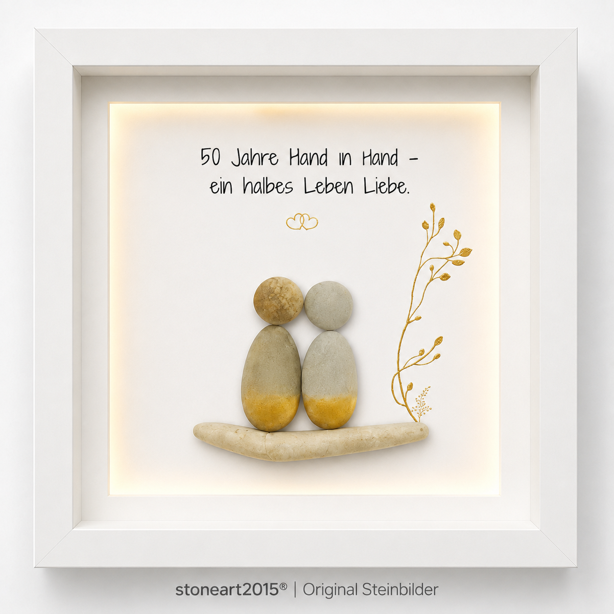 Kieselsteinbild Goldene Hochzeit mit Licht – personalisiertes Geschenk zum 50. Hochzeitstag, handgemachtes Steinbild