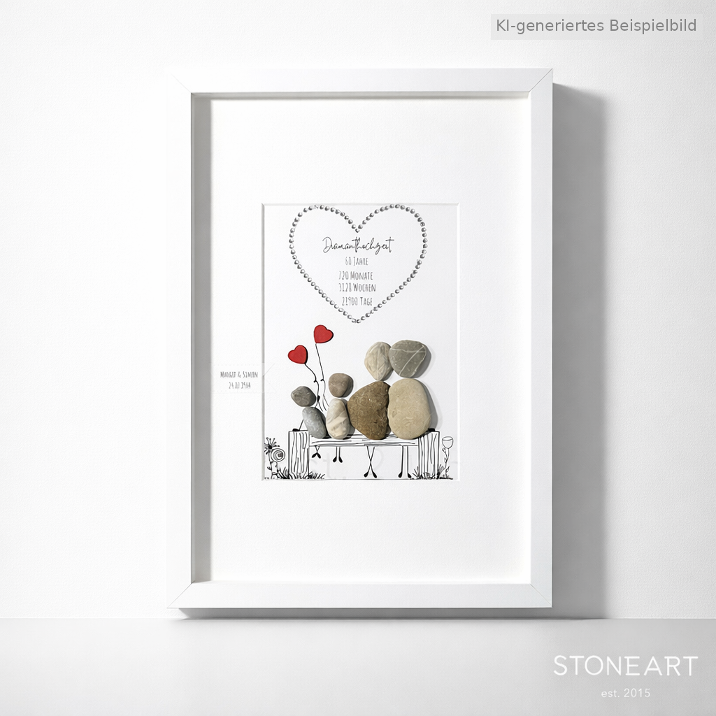 Kieselsteinbild Diamantene Hochzeit – Geschenk zum 60. Hochzeitstag, handgemachtes Steinbild