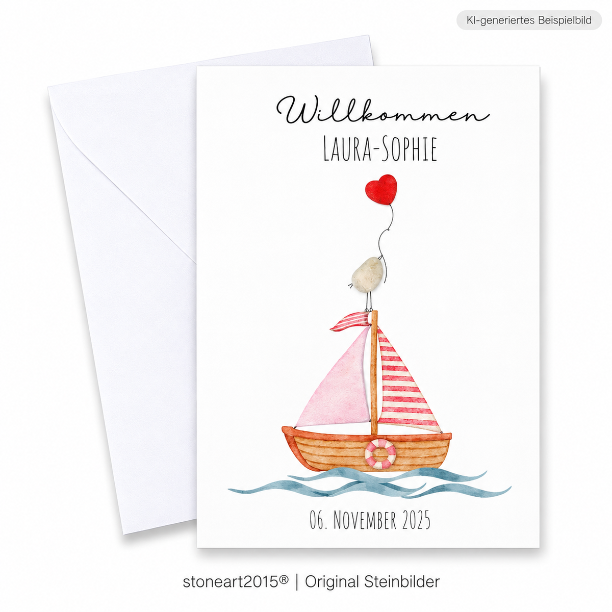 Handgemachte weiße Klappkarte mit Kieselstein-Vogel mit Herzballon auf einem rosa Segelboot, personalisiert mit Name und Geburtsdatum, Schriftzug „Willkommen“ – Karte zur Geburt eines Mädchens, Grußkarte mit Umschlag