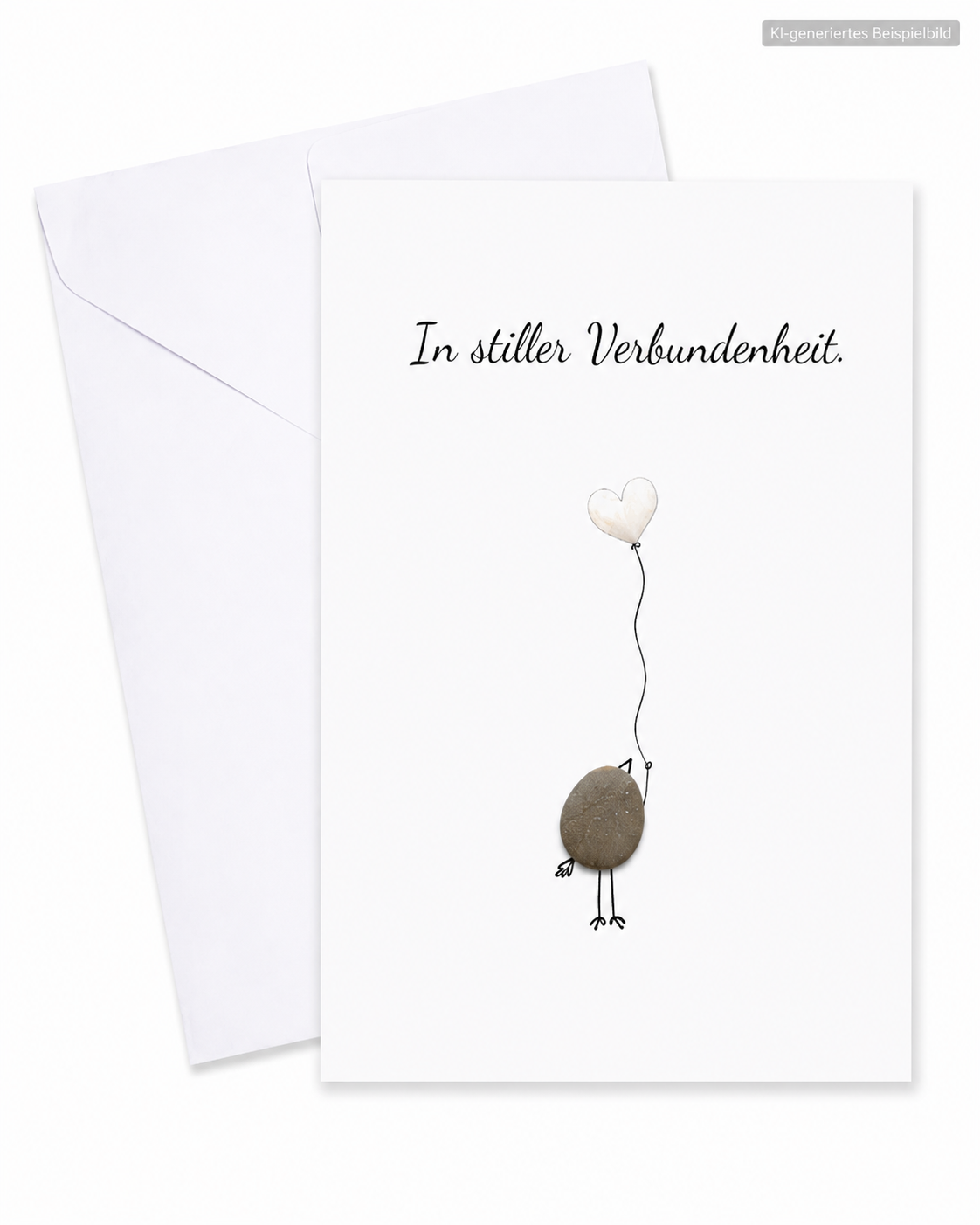 Handgemachte weiße Klappkarte mit Kieselstein-Vogel und weißem Herzballon, Spruch „In stiller Verbundenheit.“ – Trauerkarte zur Anteilnahme, Grußkarte mit Umschlag