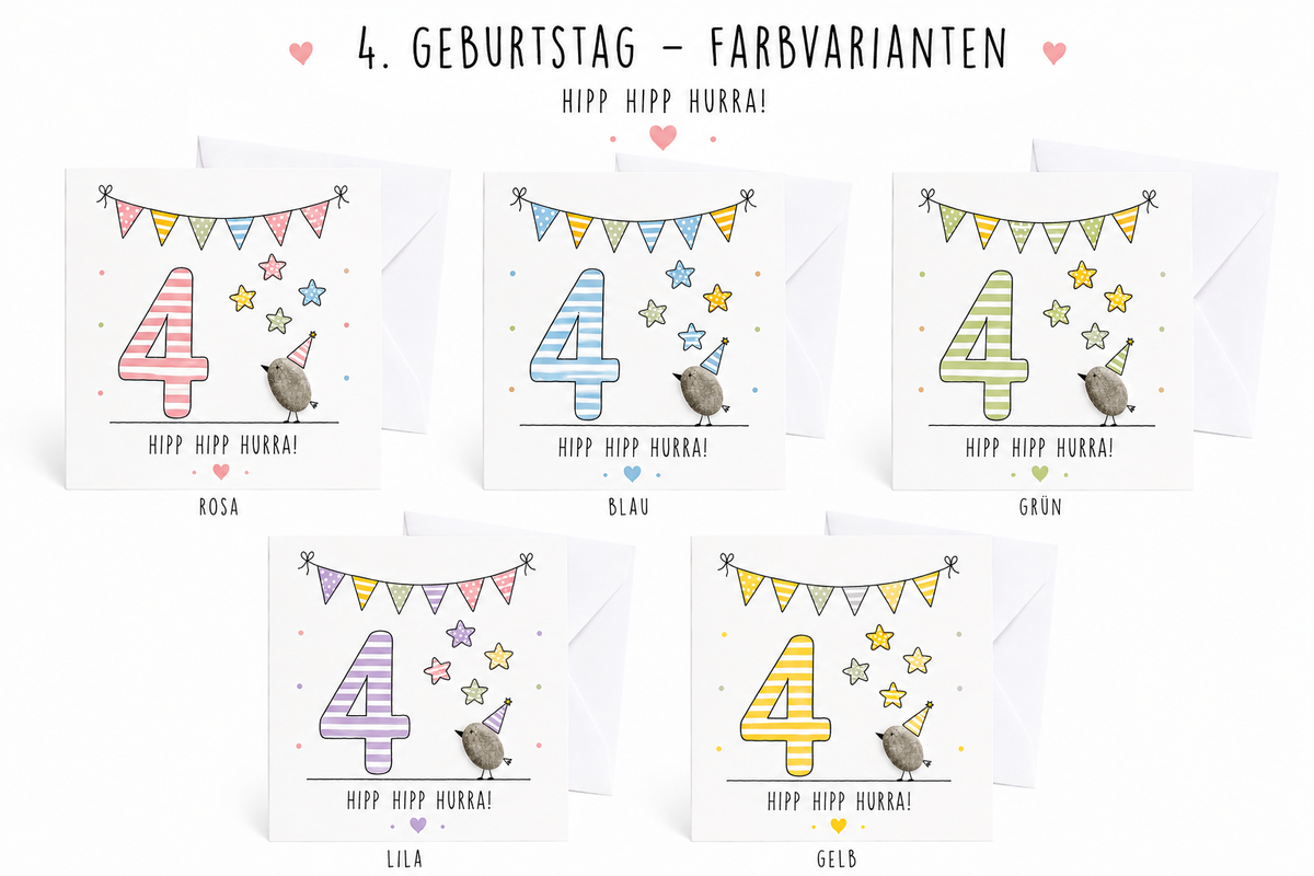 Karte zum 4. Geburtstag im Überblick: fünf Farbvarianten Rosa, Blau, Grün, Lila und Gelb mit Kieselstein-Vogel, Sternen und Umschlag, 10x10 cm
