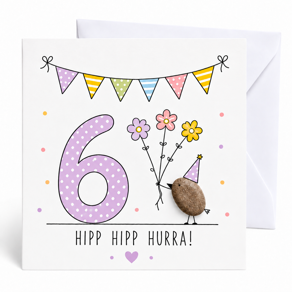 Handgemachte Klappkarte zum 6. Geburtstag mit Kieselstein-Vogel, Partyhut und Geburtstagstorte mit Kerzen, lila Zahl 6, Spruch „Hipp hipp hurra!“ – Geburtstagskarte 10x10 cm mit Umschlag