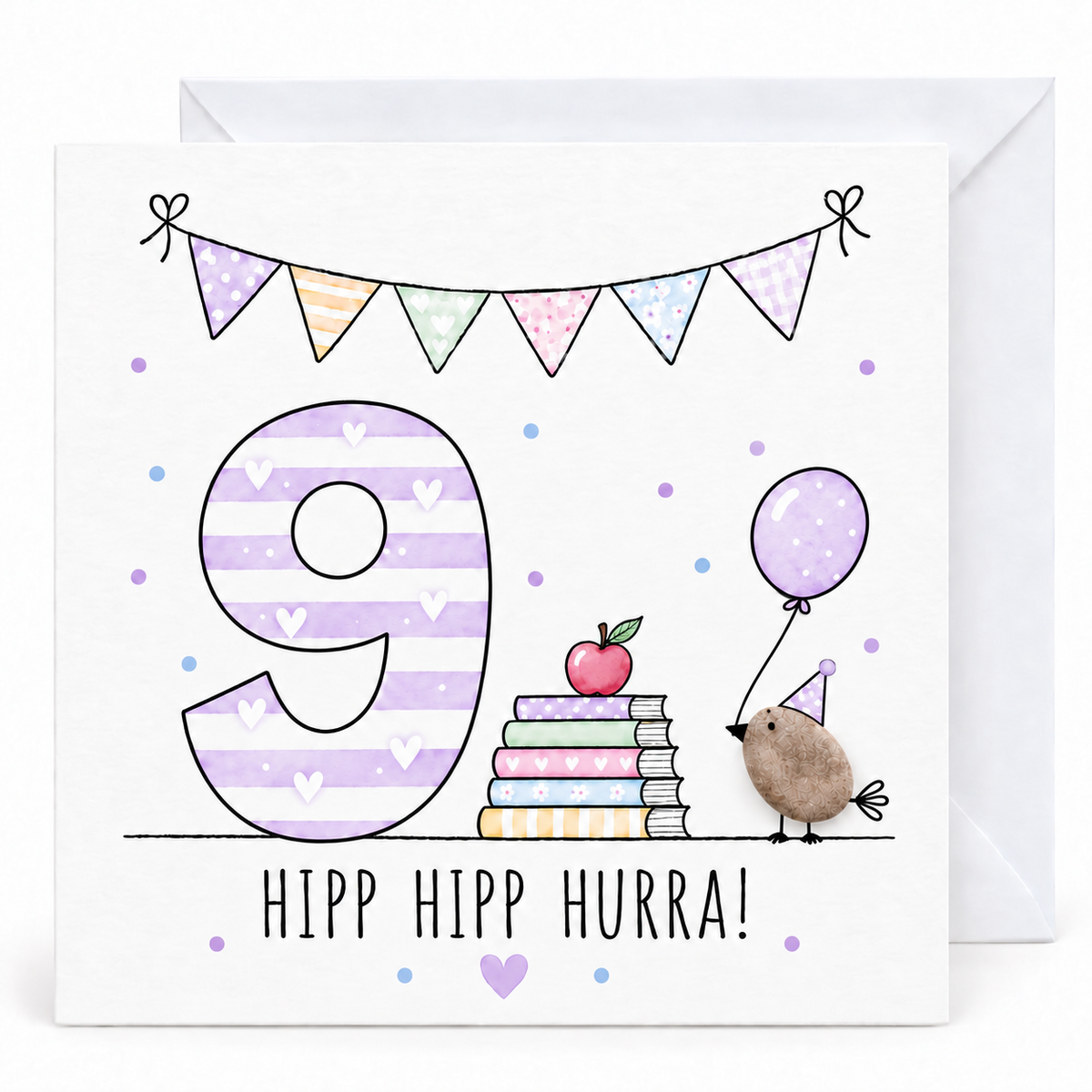Handgemachte Klappkarte zum 9. Geburtstag mit Kieselstein-Vogel, Partyhut, Luftballon und Bücherstapel mit Apfel, lila Zahl 9, Spruch „Hipp hipp hurra!“ – Geburtstagskarte 10x10 cm mit Umschlag