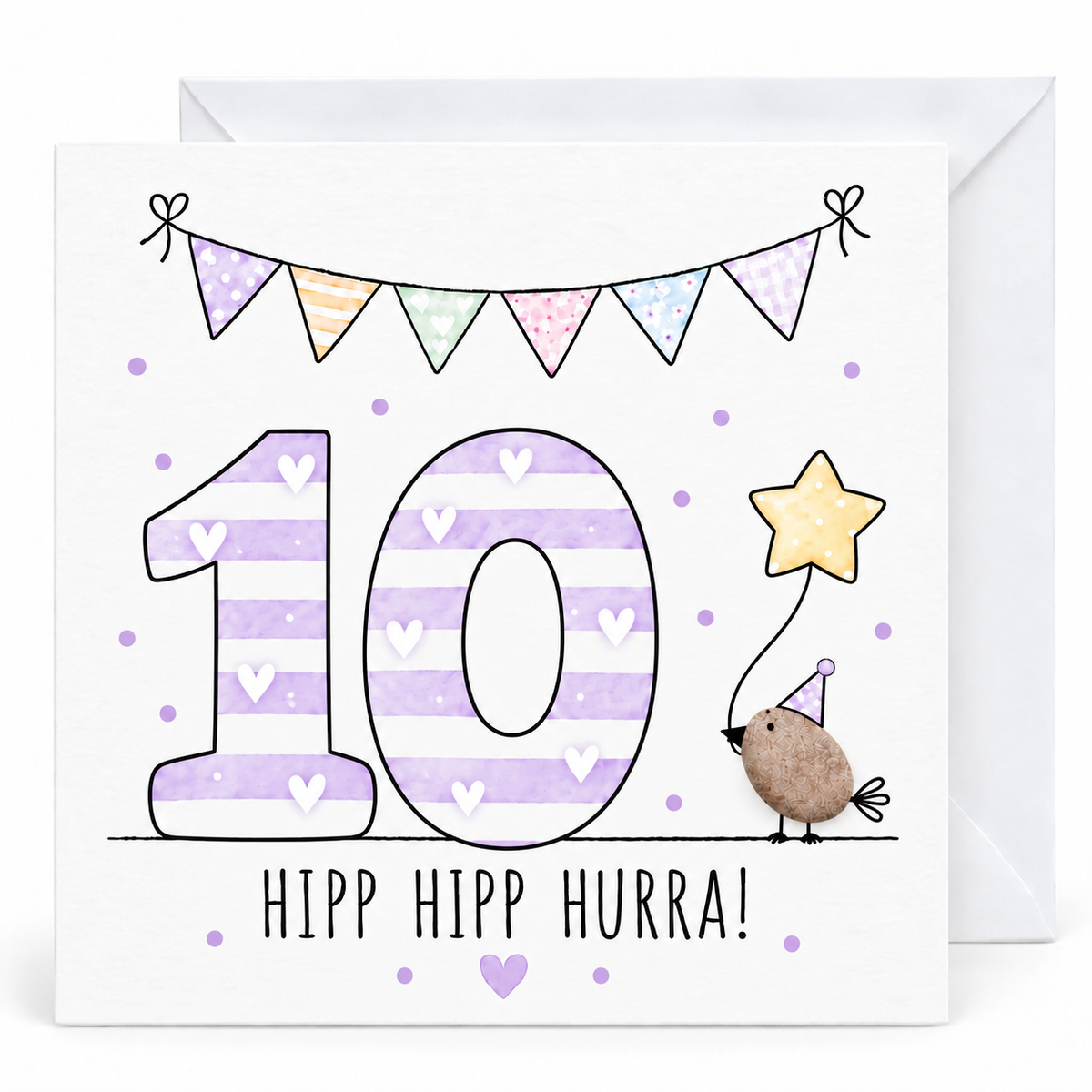 Handgemachte Klappkarte zum 10. Geburtstag mit Kieselstein-Vogel, Partyhut und Sternballon, lila Zahl 10, Spruch „Hipp hipp hurra!“ – Geburtstagskarte 10x10 cm mit Umschlag