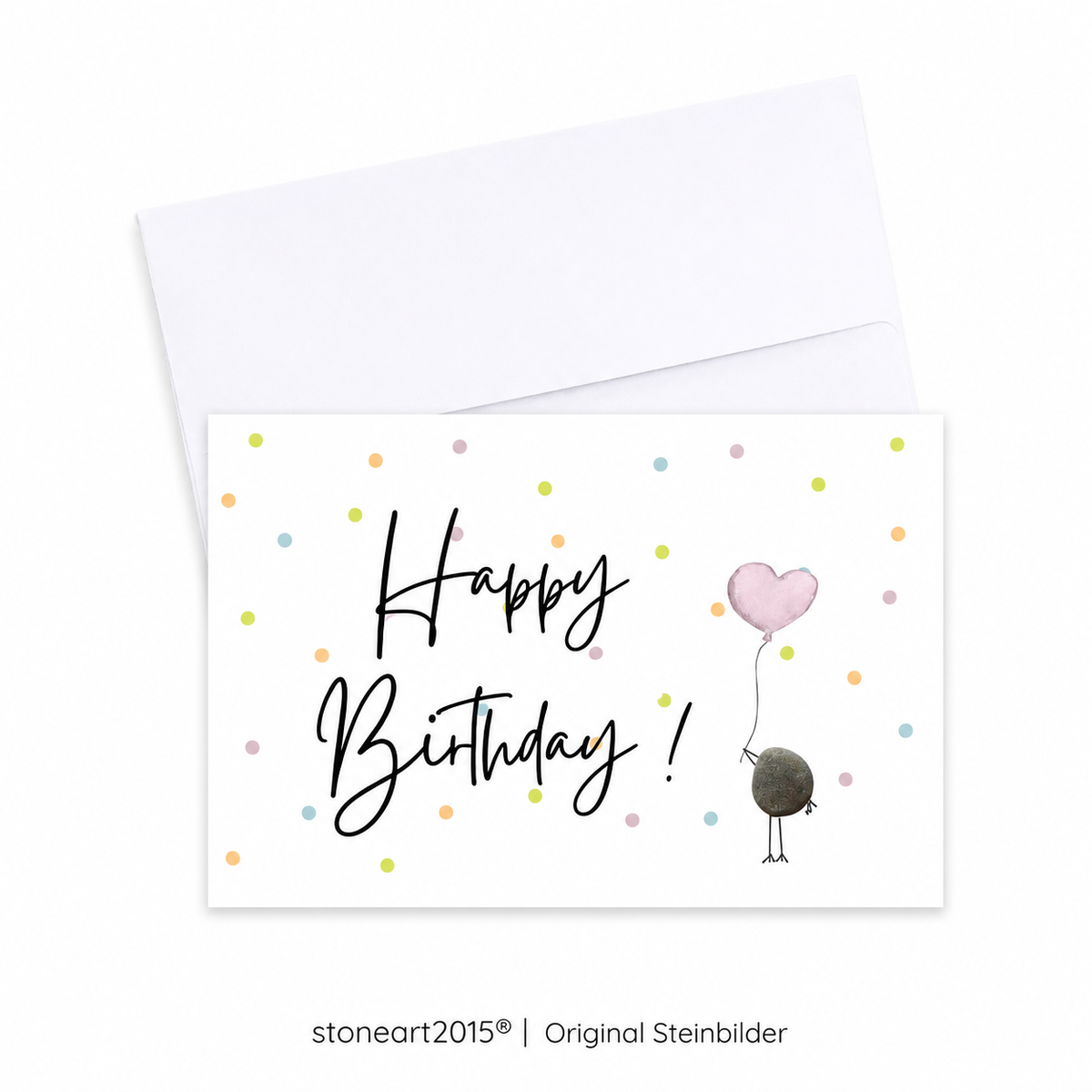 Handgemachte weiße Klappkarte im Querformat mit Kieselstein-Vogel, rosa Herzballon und bunten Konfetti-Punkten, Schriftzug „Happy Birthday!“ – Geburtstagskarte, Grußkarte mit Umschlag