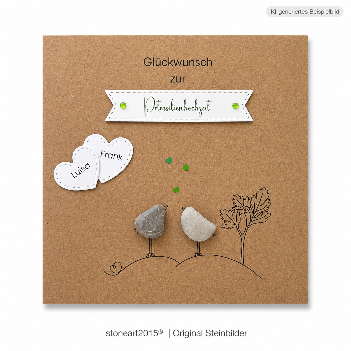 Handgemachte Kraftpapier-Klappkarte mit zwei Kieselstein-Vögeln, Petersilienbaum, grünen Herzen und Namensherzen, Banner „Glückwunsch zur Petersilienhochzeit“ – Karte zum 12,5. Hochzeitstag, personalisiert mit Namen