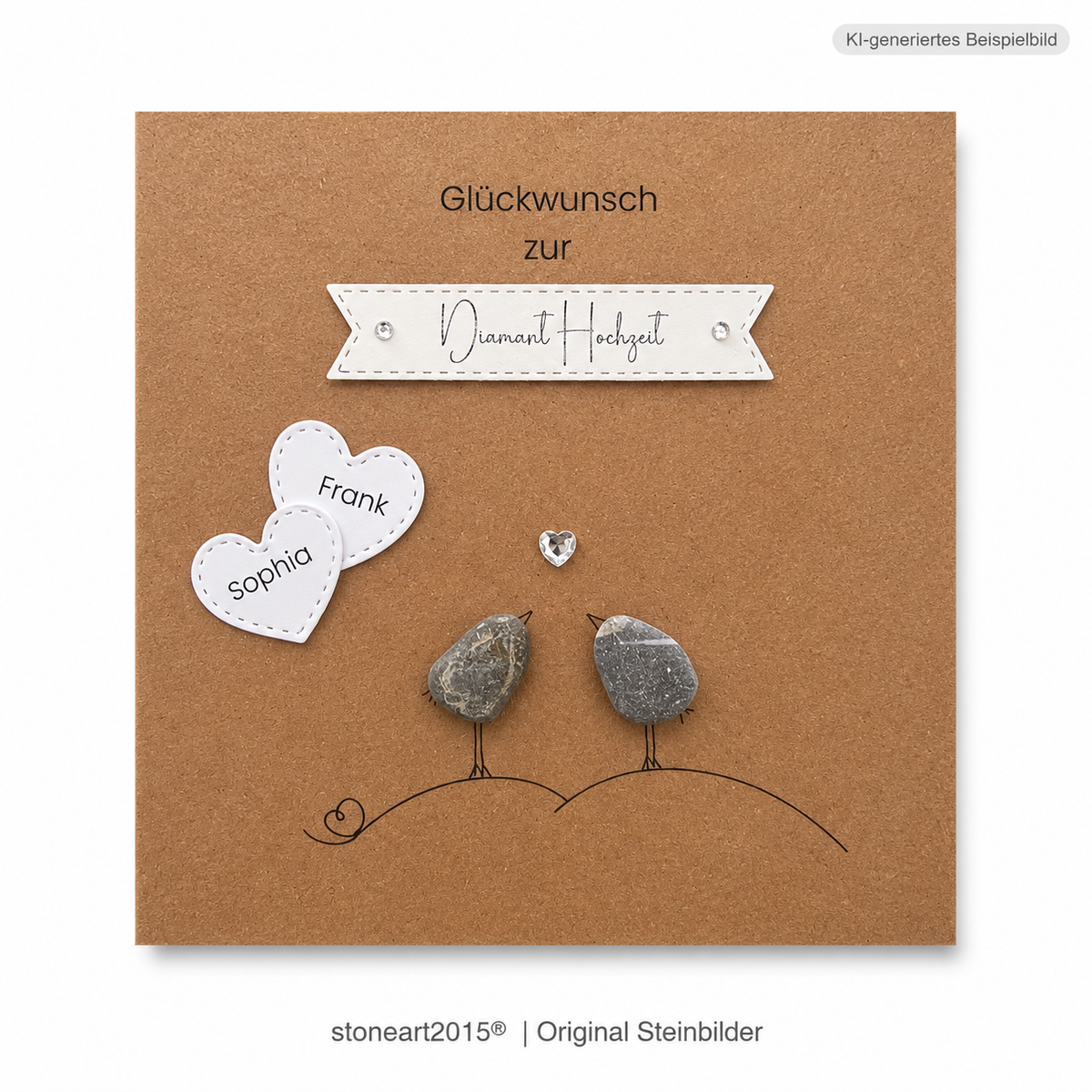 Handgemachte Kraftpapier-Klappkarte mit zwei Kieselstein-Vögeln, funkelndem Strassherz und Namensherzen, Banner „Glückwunsch zur Diamanthochzeit“ – Karte zum 60. Hochzeitstag, personalisiert mit Namen