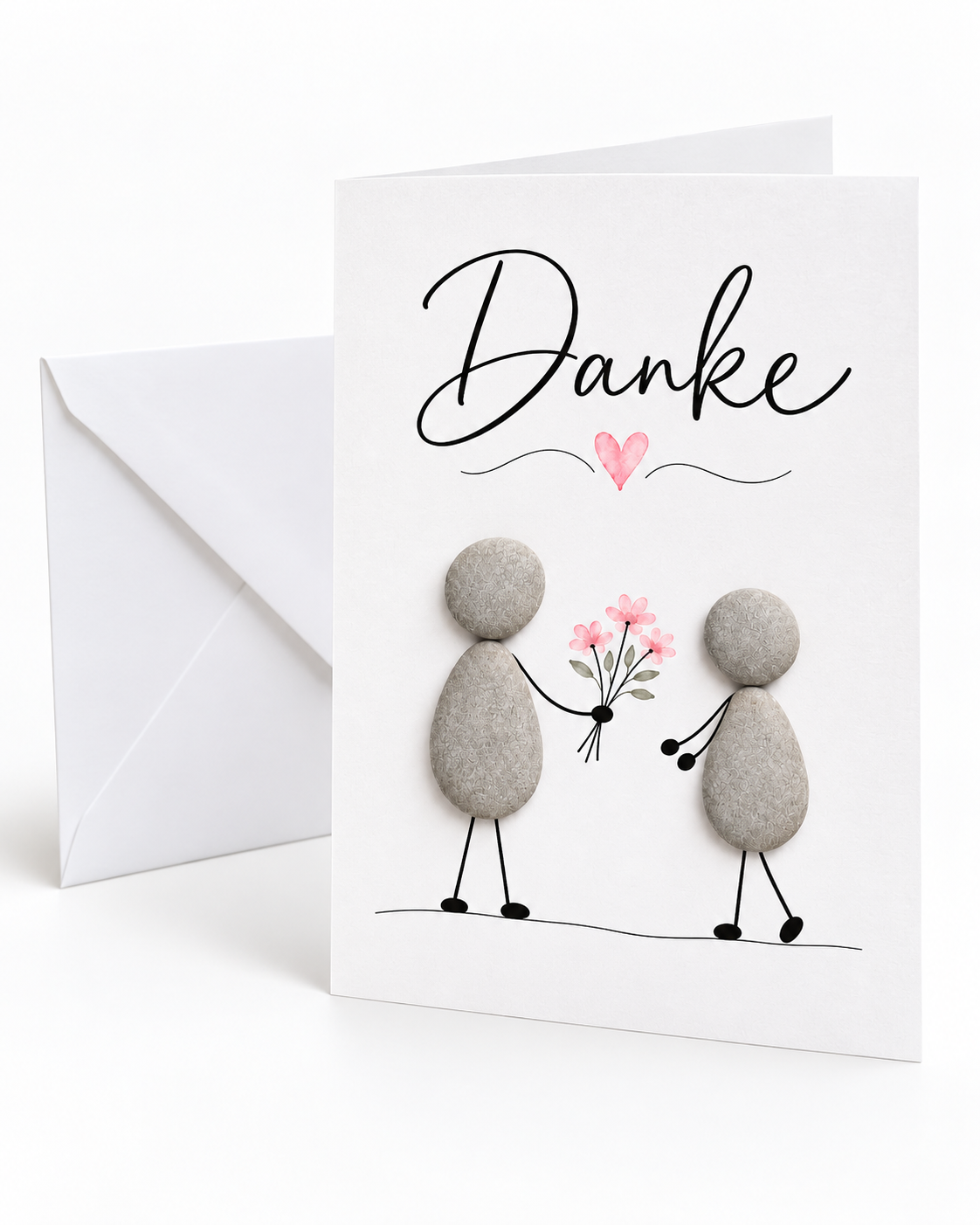 Kieselsteinbild Karte „Danke“ – Kieselstein-Figur überreicht Blumenstrauß, handgemachte Dankeskarte mit Umschlag