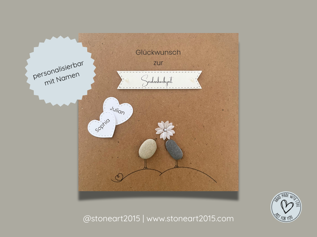 Karte zur Seidenhochzeit mit Mini-Steinbild – handgemachtes Geschenk zum 4. Hochzeitstag
