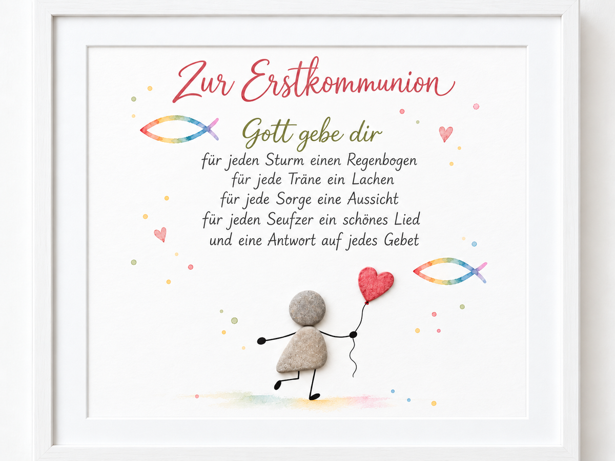 Kieselsteinbild „Zur Erstkommunion – Gott gebe dir für jeden Sturm einen Regenbogen“ – Geschenk zur Kommunion, handgemachtes Steinbild