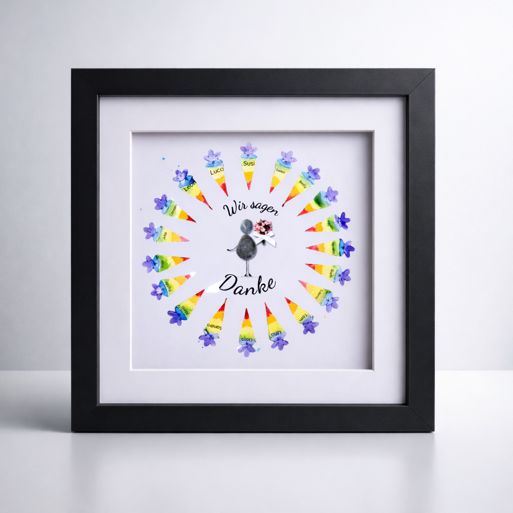Kieselsteinbild Wir sagen Danke – Abschiedsgeschenk Lehrerin von der Klasse, handgemachtes Steinbild