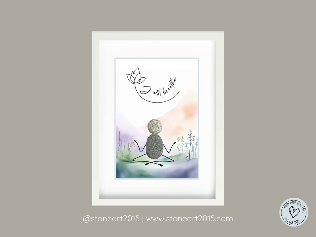 Handgemachtes Steinbild mit Spruch Just Breathe – minimalistisches Geschenk für Achtsamkeit & Yoga