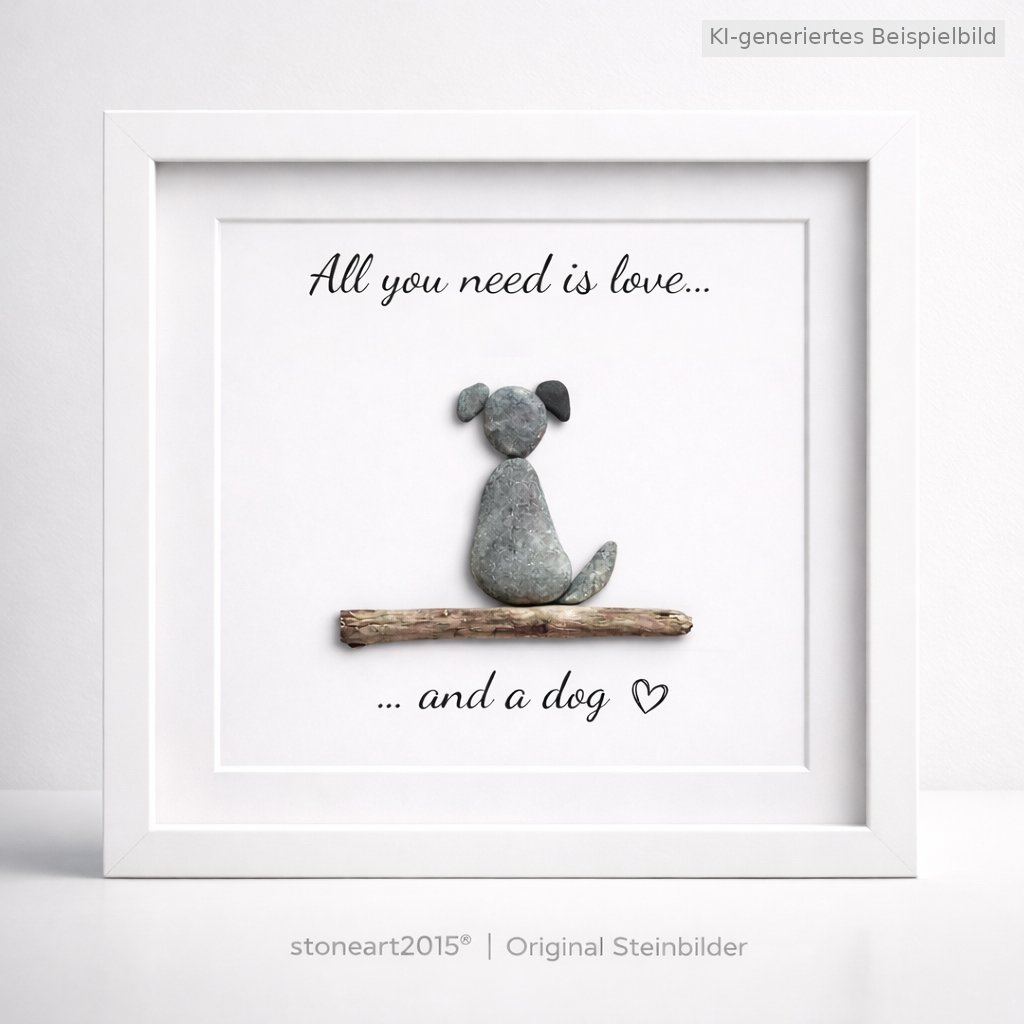Kieselsteinbild All you need is love and a dog, Geschenk für Hundeliebhaber, handgemachtes Steinbild