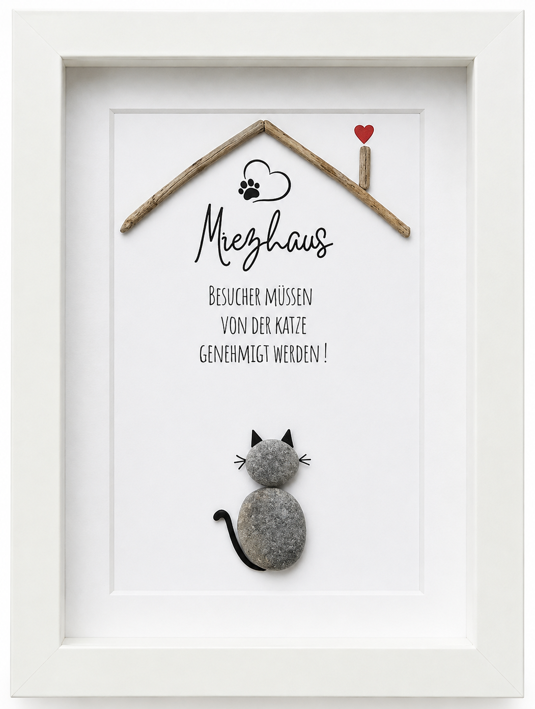 Kieselsteinbild Miezhaus, Geschenk für Katzenliebhaber, handgemachtes Steinbild