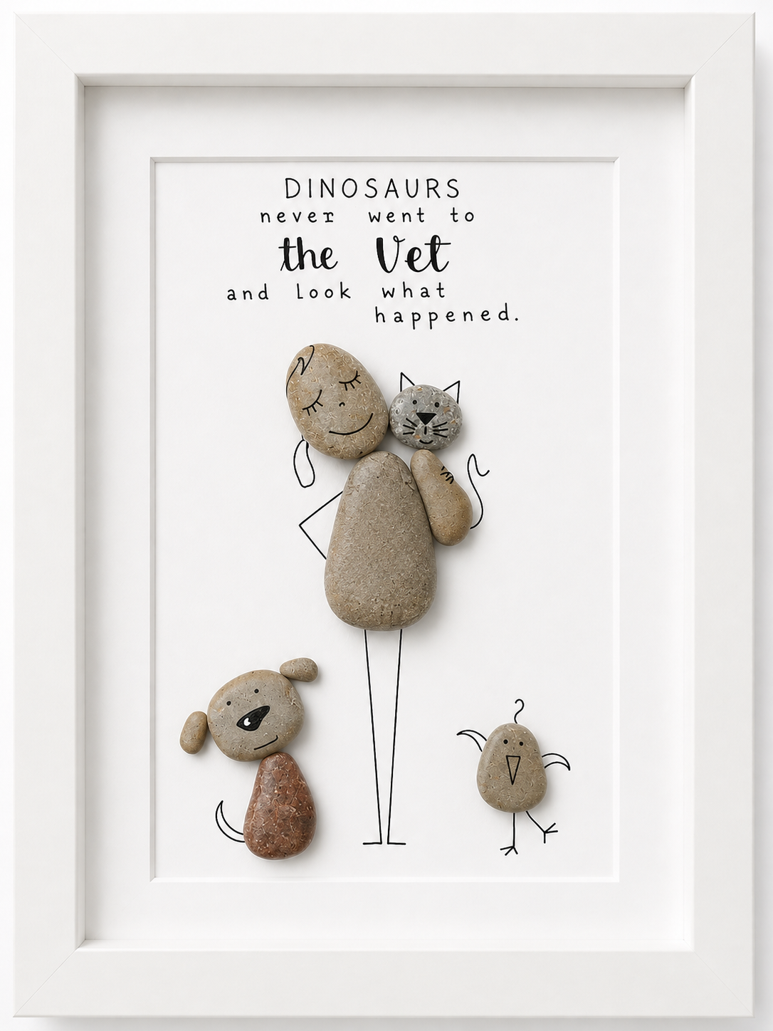 Kieselsteinbild Dinosaurs never went to the vet – Geschenk für Tierarzt und Tierärztin, handgemachtes Steinbild