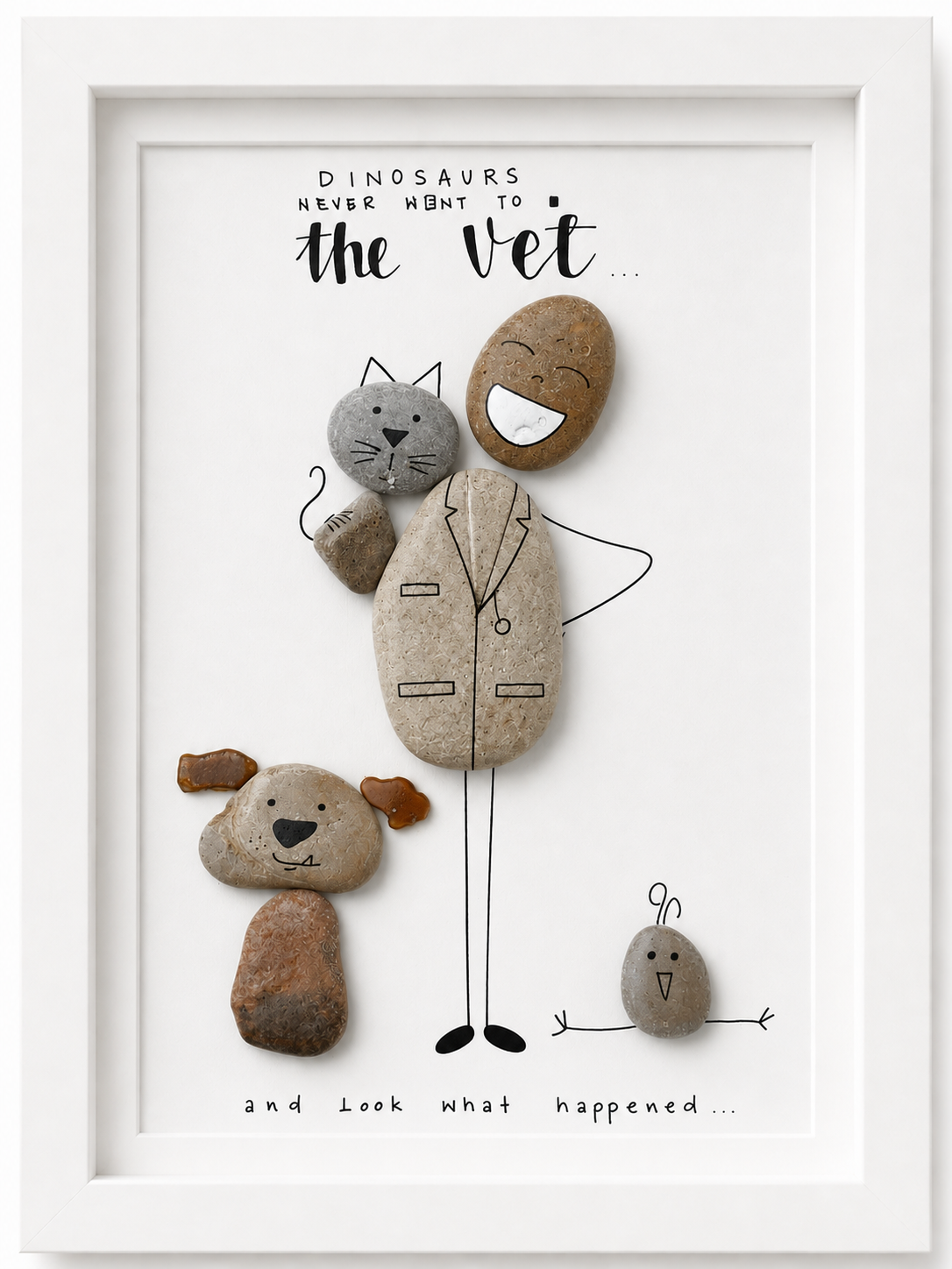 Kieselsteinbild Dinosaurs never went to the vet – Geschenk für Tierarzt und Tierärztin, handgemachtes Steinbild