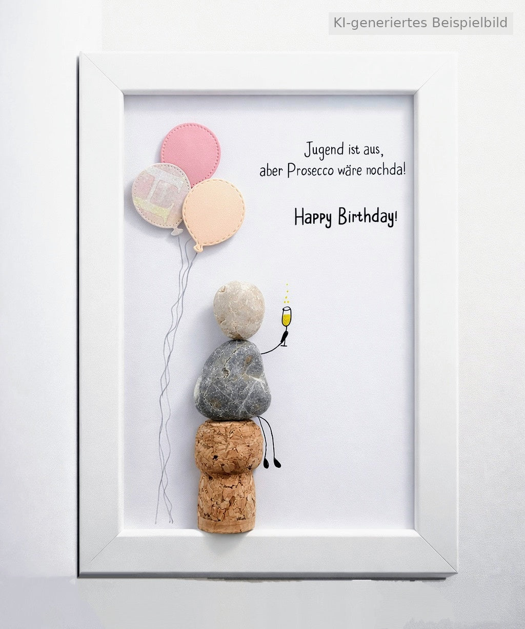 Kieselsteinbild Jugend ist aus, aber Prosecco wäre noch da – Geburtstagsgeschenk, handgemachtes Steinbild