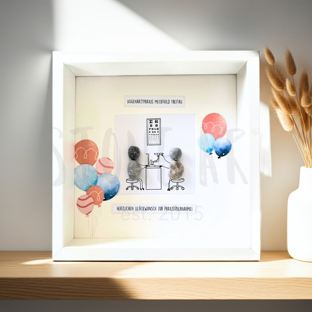Steinbild Augenarzt gerahmt in Praxis – handgemachtes Dankeschön-Geschenk für Augenarzt