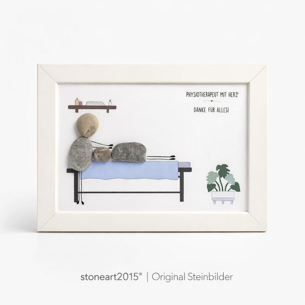 Handgefertigtes Steinbild mit der Aufschrift „Physiotherapeut“ – kreatives Geschenk für Praxis, Abschluss oder als Dankeschön.