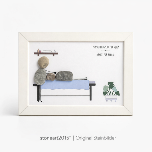 Handgefertigtes Steinbild mit der Aufschrift „Physiotherapeut“ – kreatives Geschenk für Praxis, Abschluss oder als Dankeschön.