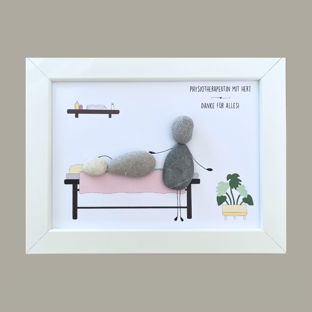 Handgefertigtes Steinbild „Physiotherapeutin“ im weißen Rahmen, personalisierbar, geeignet als Dankeschön oder Geschenk zur Praxiseröffnung.