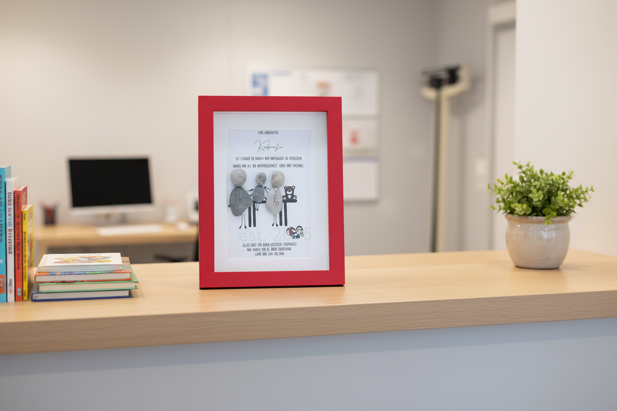 Steinbild Kinderarzt gerahmt in Praxis – handgemachtes Dankeschön-Geschenk für Kinderarzt