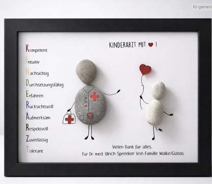 Kieselsteinbild Kinderarzt mit Herz – Geschenk für Kinderarzt, handgemachtes Steinbild