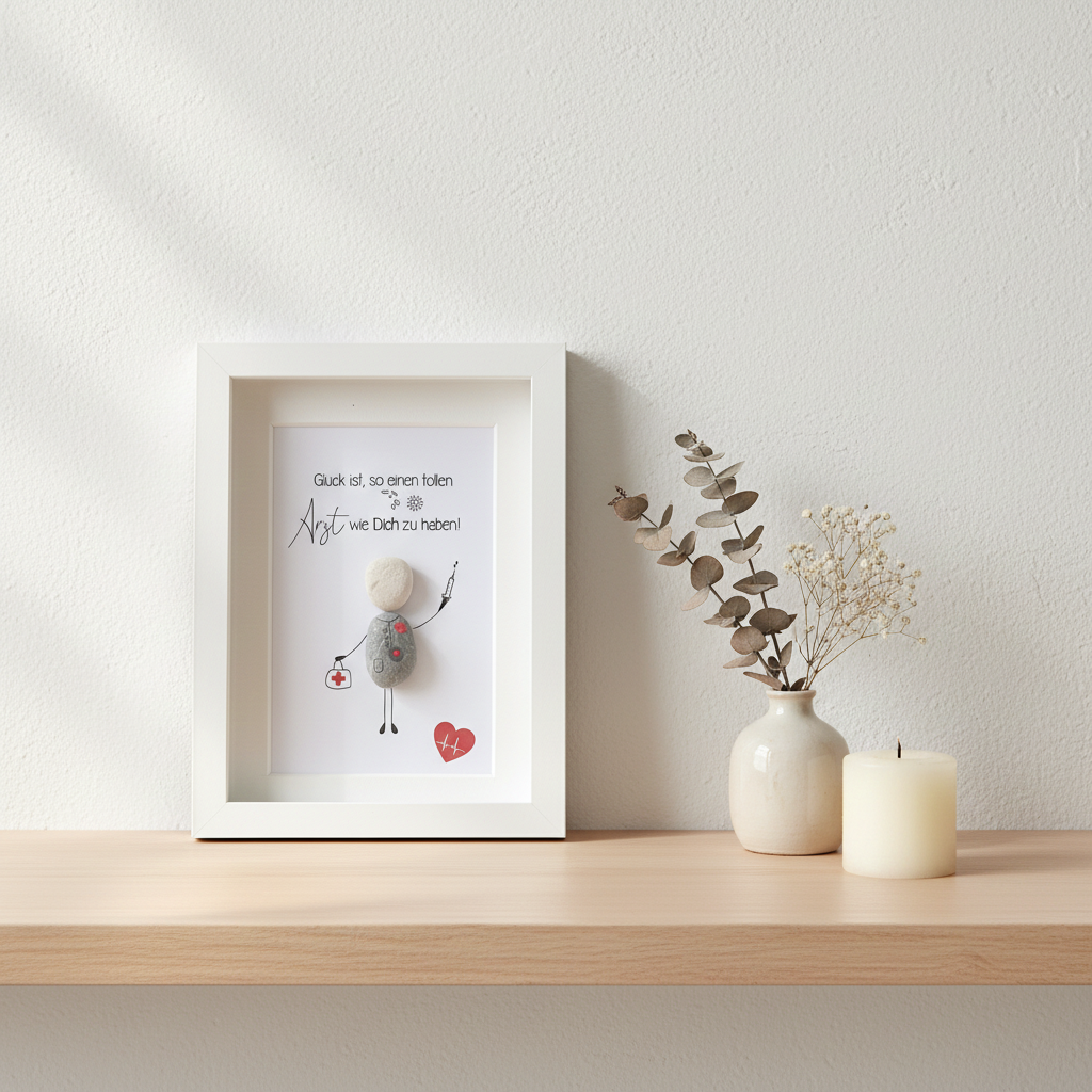 Steinbild Arzt gerahmt an Praxiswand – handgemachtes Geschenk als Dankeschön für Ärzte