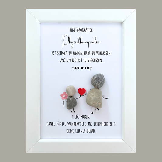 Steinbild „Physiotherapie mit Herz" – Kieselsteine handgemacht, Geschenk für Physiotherapeuten