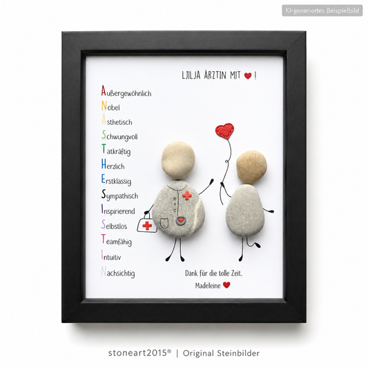 Kieselsteinbild Anästhesistin mit Herz – Geschenk Arzt, handgemachtes Steinbild