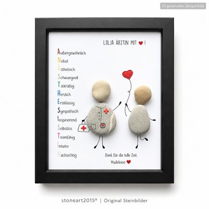 Kieselsteinbild Anästhesistin mit Herz – Geschenk Arzt, handgemachtes Steinbild