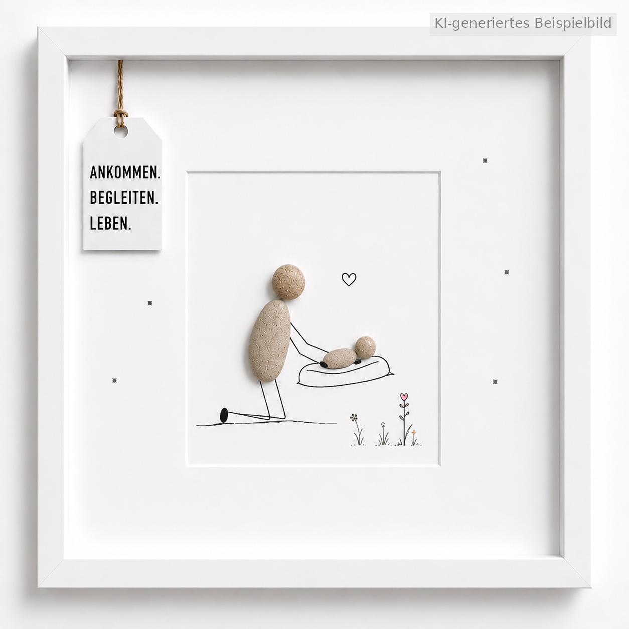 Kieselsteinbild Ankommen. Begleiten. Leben. – Geschenk für Hebamme, handgemachtes Steinbild