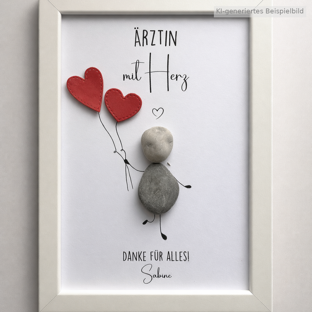 Kieselsteinbild Ärztin mit Herz – Danke für alles – Dankeschön für eine Ärztin, handgemachtes Steinbild