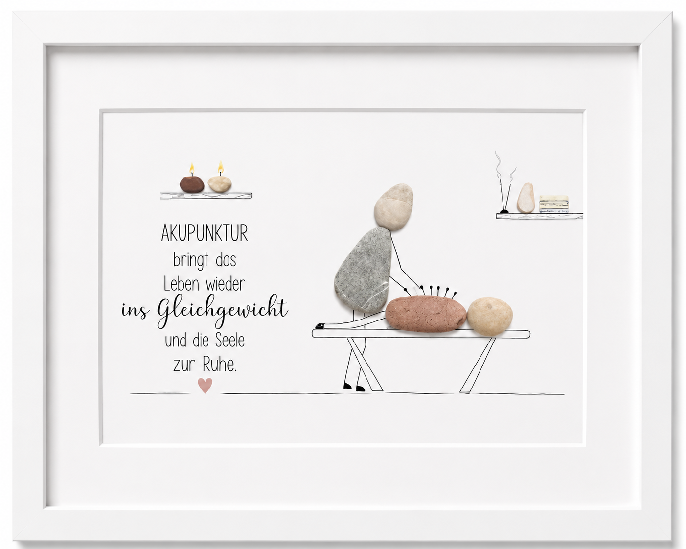 Kieselsteinbild Akupunktur bringt das Leben wieder ins Gleichgewicht und die Seele zur Ruhe – Geschenk für Akupunkteur:in oder TCM-Praxis, handgemachtes Steinbild