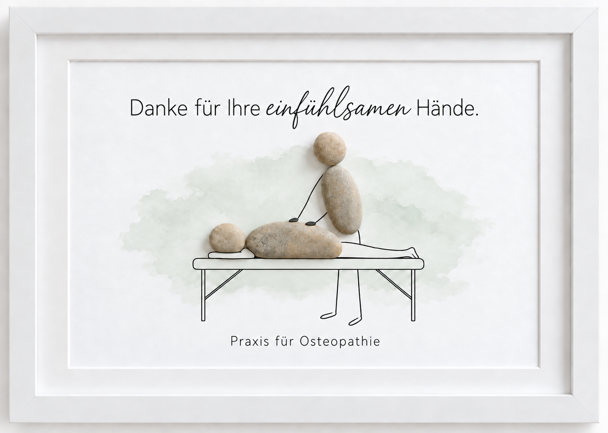 Kieselsteinbild Danke für Ihre einfühlsamen Hände Praxis für Osteopathie – Geschenk für Osteopathiepraxen, handgemachtes Steinbild