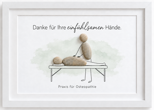 Kieselsteinbild Danke für Ihre einfühlsamen Hände Praxis für Osteopathie – Geschenk für Osteopathiepraxen, handgemachtes Steinbild